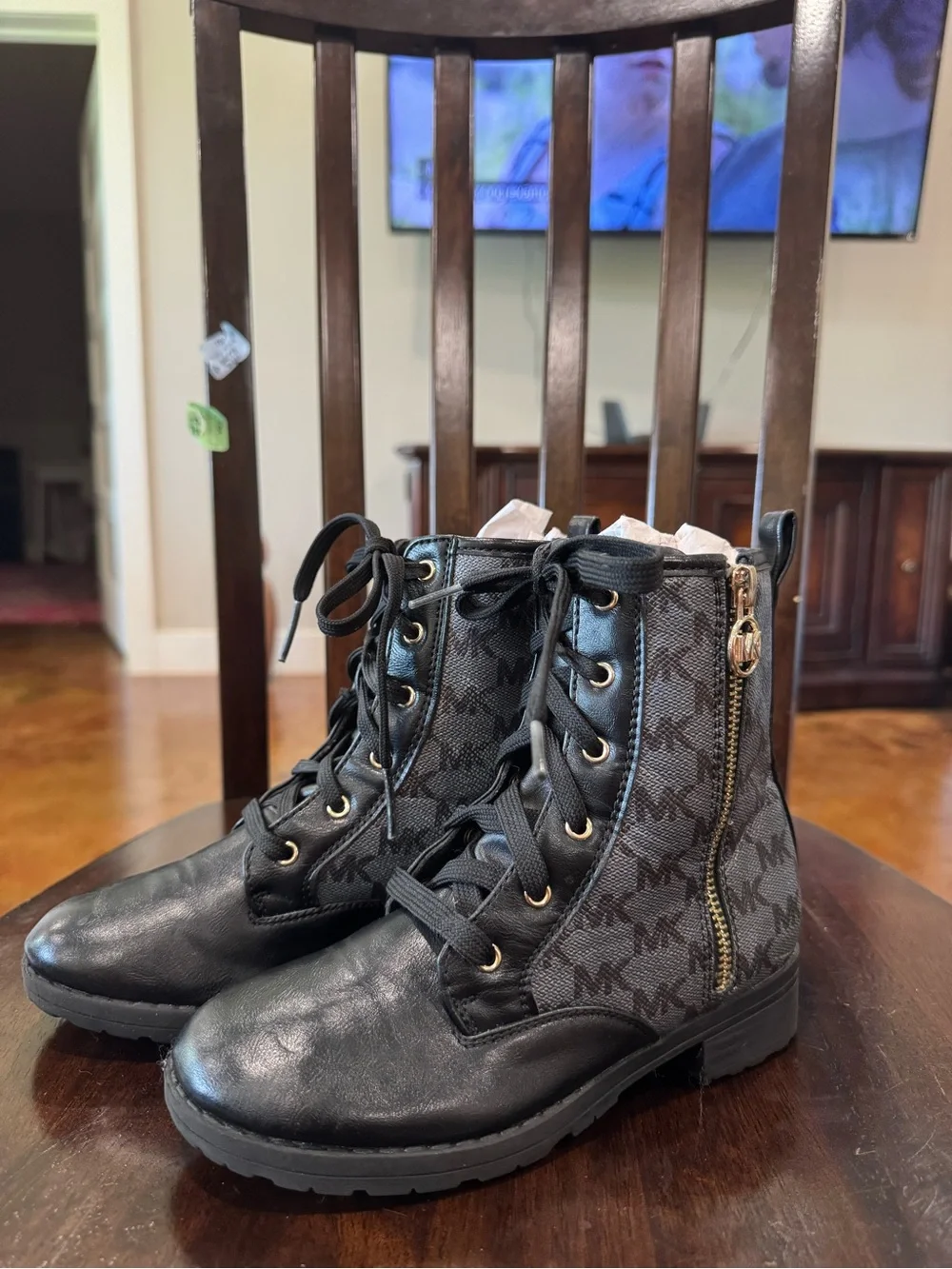 Michael Kors Black and Gray MK Monogram Combat Boots with Gold Zip Charm